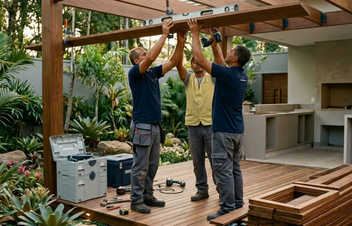 Imagem profissional de blog sobre: "Área externa gourmet: como planejar pergolados e decks integrados ao jardim". Diretr