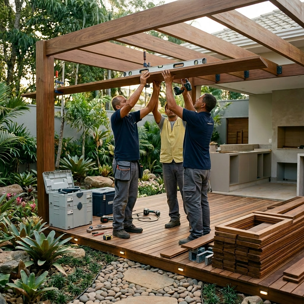 Imagem profissional de blog sobre: "Área externa gourmet: como planejar pergolados e decks integrados ao jardim". Diretr