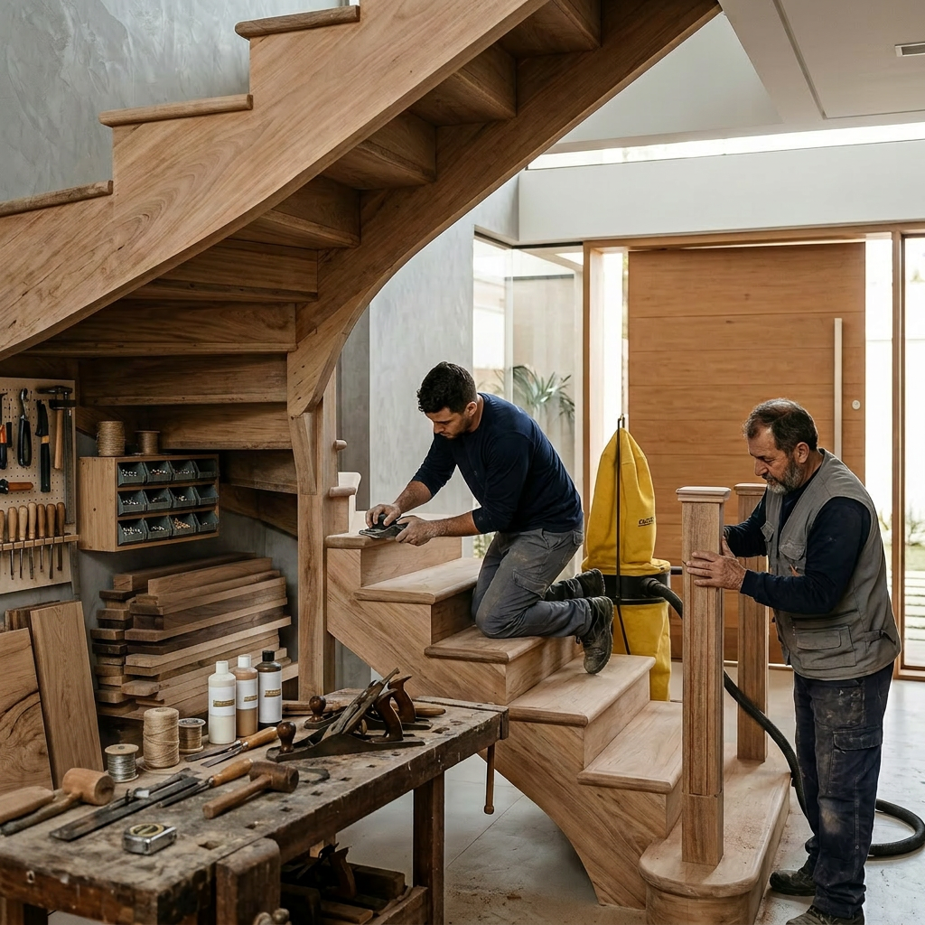 Escadas de madeira no hall de entrada: a arte de unir luxo clássico e acolhimento familiar