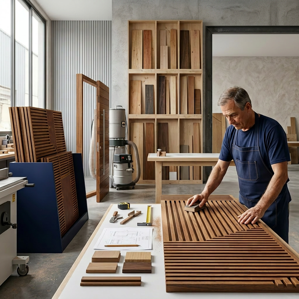 Imagem profissional de blog sobre: "A elegância atemporal dos painéis ripados de madeira sob medida para projetos de lux