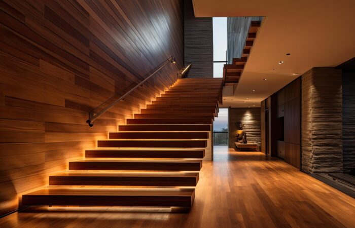 Casa contemporânea com escada de madeira iluminada posicionada horizontalmente