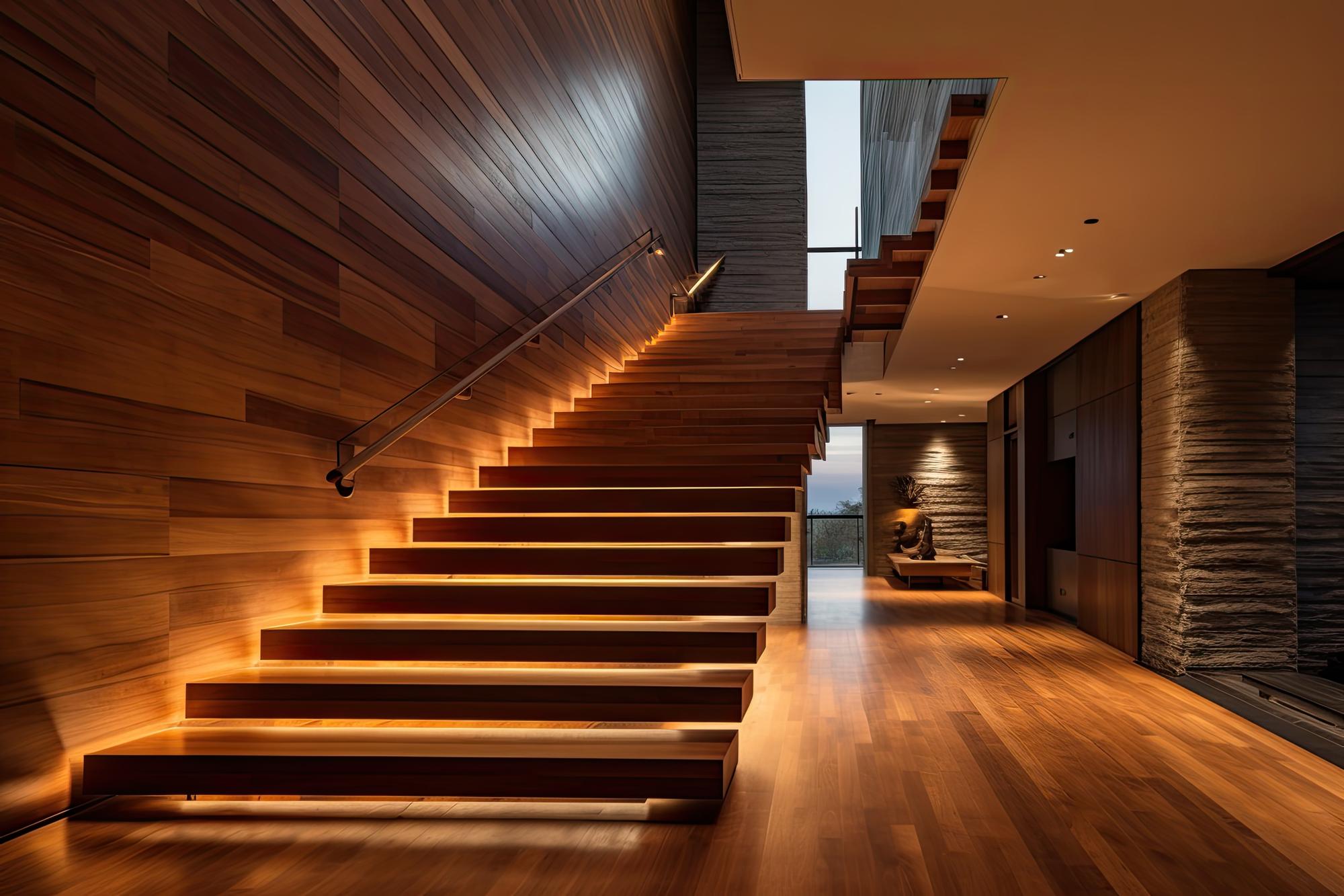 Casa contemporânea com escada de madeira iluminada posicionada horizontalmente